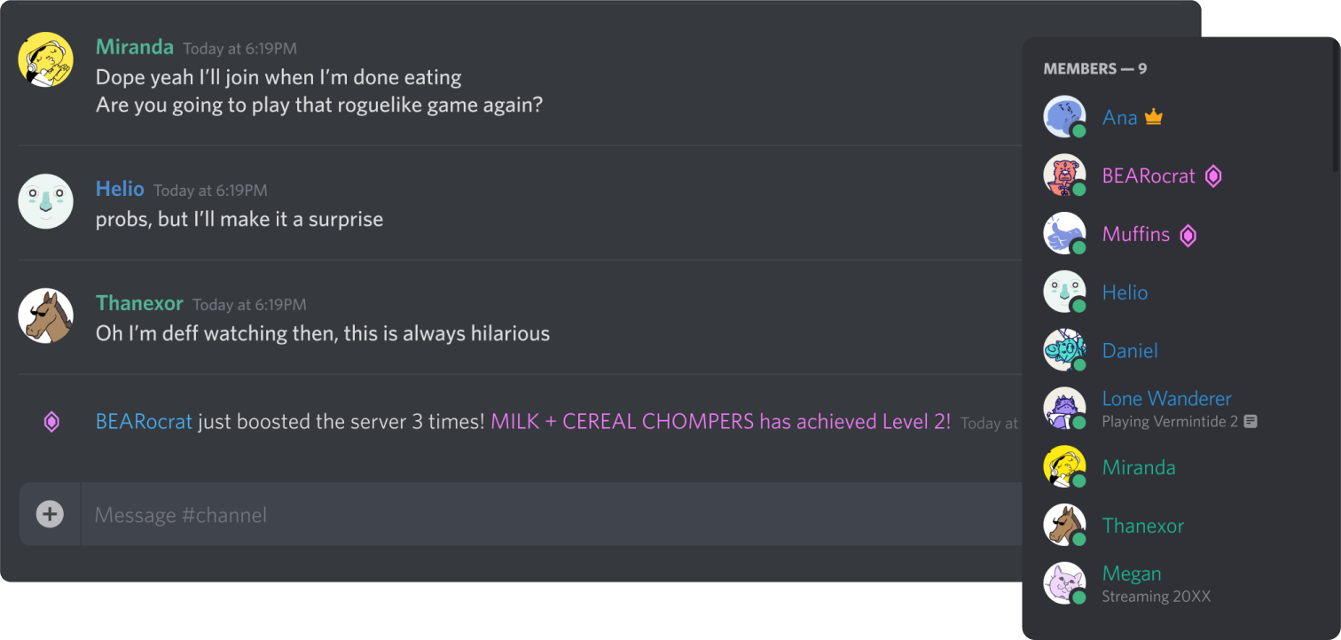 Boosting system announcement appears in Discord chat. A Discord members list shows 2 of 9 members with Boosting icons next to them.