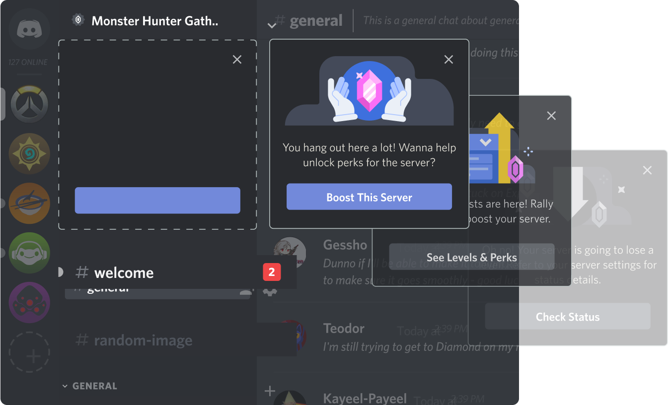A message appears over the Discord channel list saying "You hang out here a lot! Wanna help unlock perks for the server?" A button with "Boost this server" is underneath.