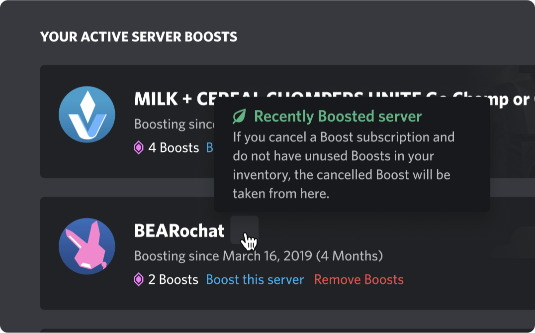 UI that shows a mouse cursor hovering over an icon space with confusing messaging. The tooltip says "Recently Boosted Server: If you cancel a Boost subscription and do not have unused Boosts in your inventory, the cancelled Boost will be taken form here."