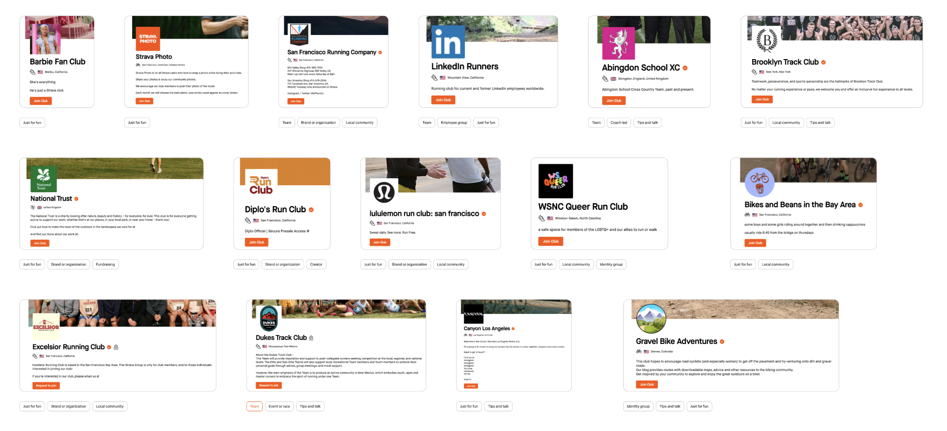 Variety of post-it notes on a Figma file. The notes contain various words and phrases resulting from club names and descriptions data